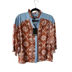 NWT THML Southwestern Print Blouse | Rust Boho Folk Top Large